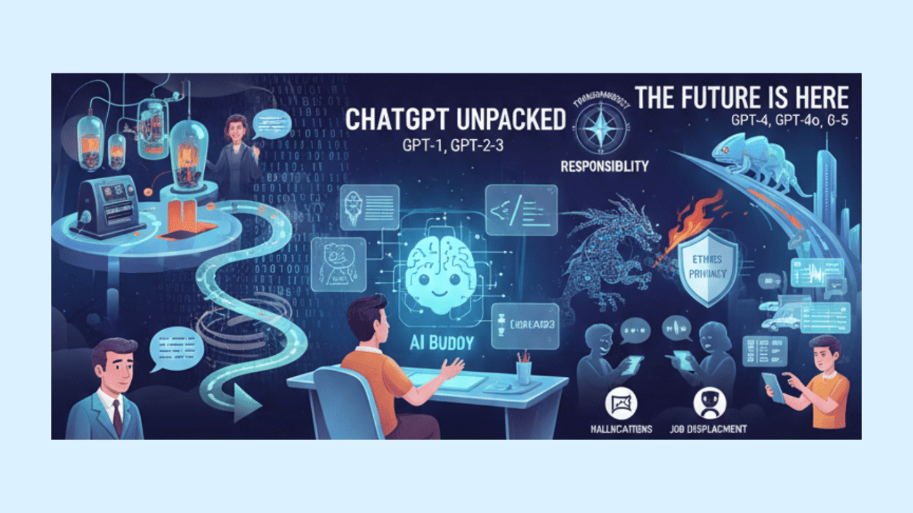 Diagram illustrating how ChatGPT processes language using neural networks and large language models.