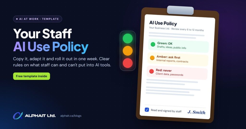 AI use policy template: a staff policy on a clipboard with green, amber and red rules beside a traffic light