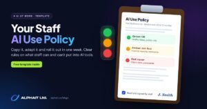 AI use policy template: a staff policy on a clipboard with green, amber and red rules beside a traffic light