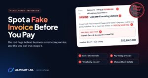 Fake invoice scam: a mock supplier email with a look-alike domain, urgent tone, email-only request and changed bank details flagged
