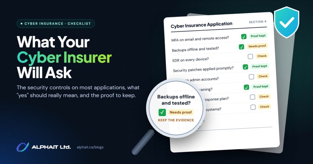 Cyber insurance security checklist: an application form with MFA, backups, EDR and patching questions under a magnifying glass