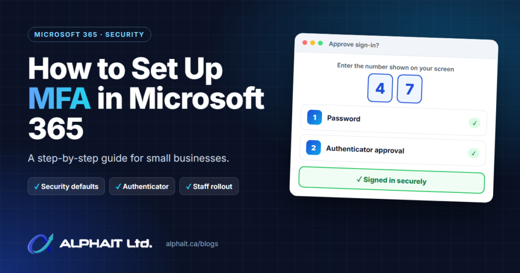 How to set up MFA in Microsoft 365: a sign-in approved with a password and a Microsoft Authenticator number-matching prompt