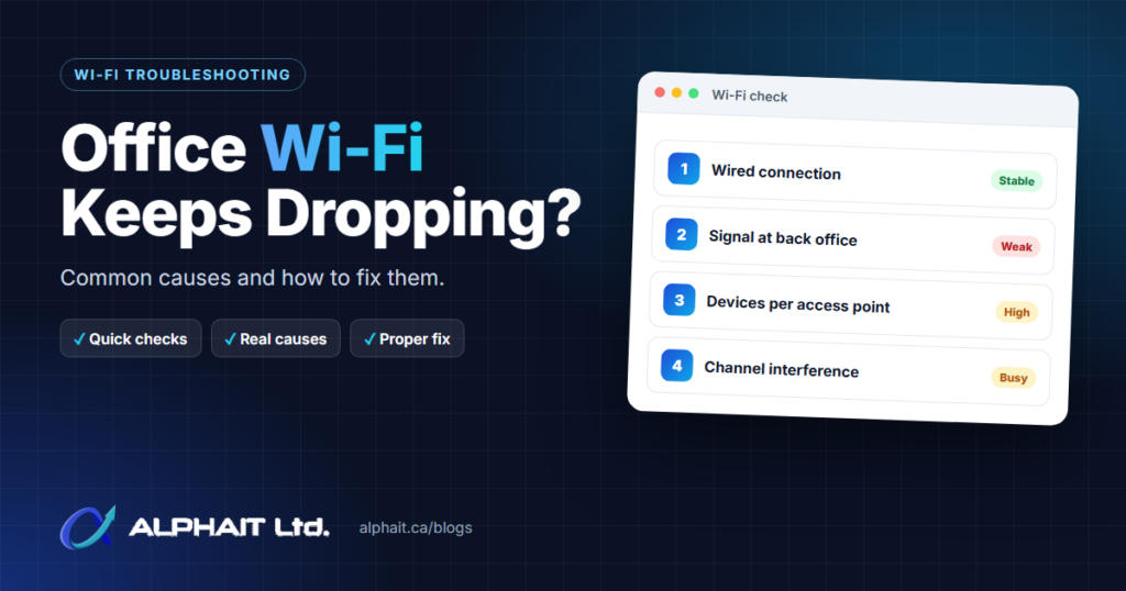 Office Wi-Fi keeps dropping: a Wi-Fi check showing a stable wired connection, weak signal, crowded access point and busy channels