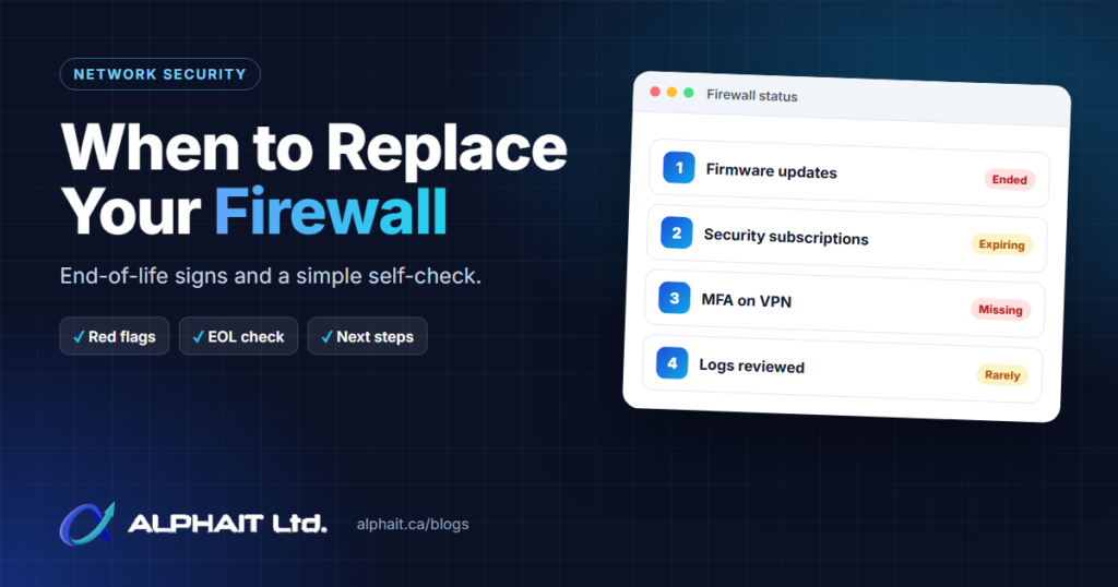 When to replace a firewall: a status panel showing ended firmware updates, expiring subscriptions and missing VPN MFA
