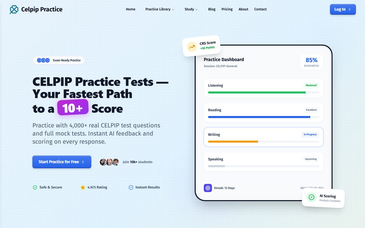 Homepage of CELPIP Practice (celpippractice.com), a website built by AlphaIT