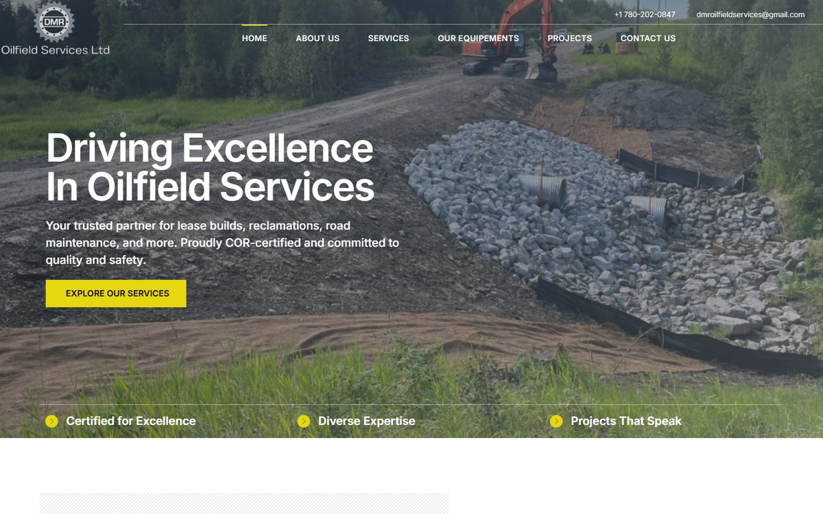 Homepage of DMR Oilfield Services (dmroilfield.ca), a website built by AlphaIT