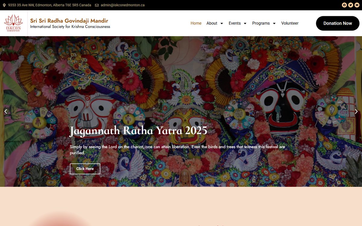Homepage of ISKCON Edmonton (iskconedmonton.com), a website built by AlphaIT
