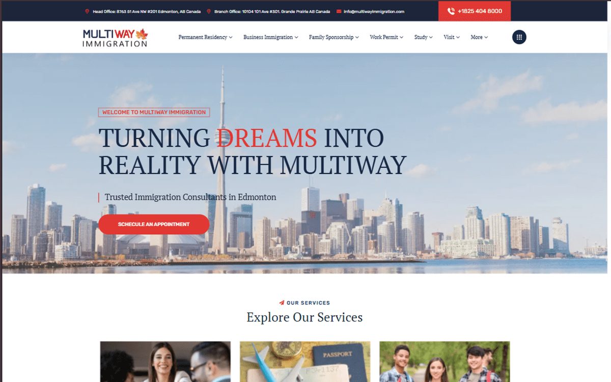 Homepage of Multiway Immigration (multiwayimmigration.com), a website built by AlphaIT