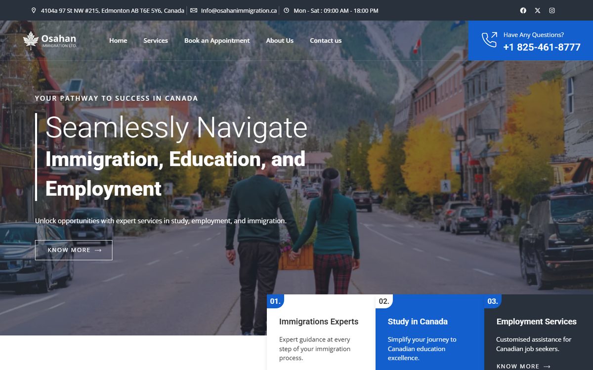 Homepage of Osahan Immigration (osahanimmigration.ca), a website built by AlphaIT