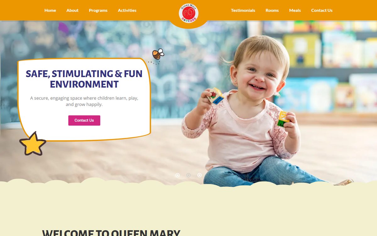 Homepage of Queen Mary Daycare (queenmarydaycare.ca), a website built by AlphaIT