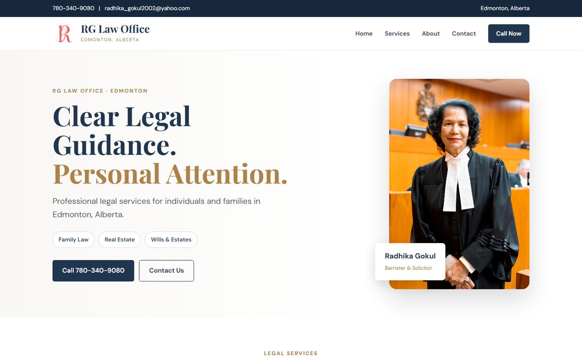 Homepage of RG Law Office (rglawoffice.ca), a website built by AlphaIT