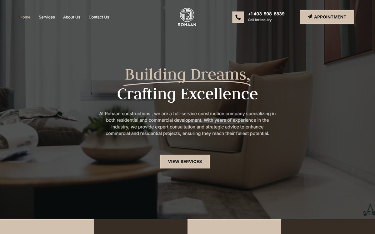 Homepage of Rohaan Constructions (rohaanconstructions.ca), a website built by AlphaIT